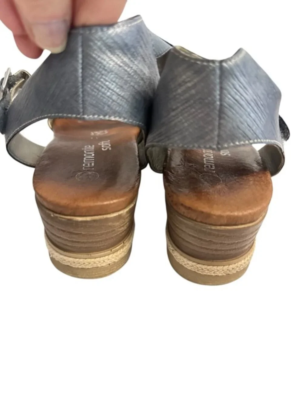 Remonte Icess 51 Denim Blue Leather Wedge Sandals Euro 41 Comfort Buckle